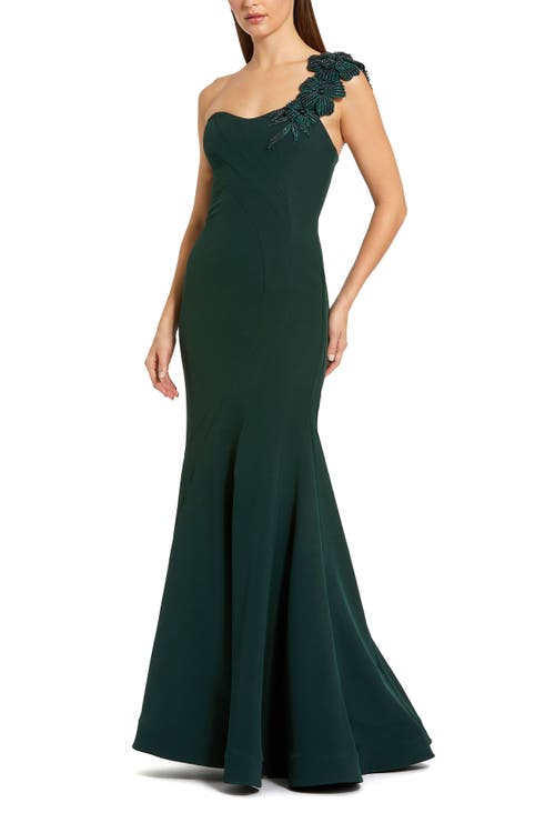 Mac Duggal Crepe One Shoulder Beaded Flower Mermaid Gown In Green