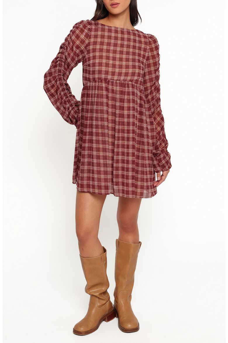 Micaela Long Sleeve Minidress, Main, color, BURGUNDY PLAID