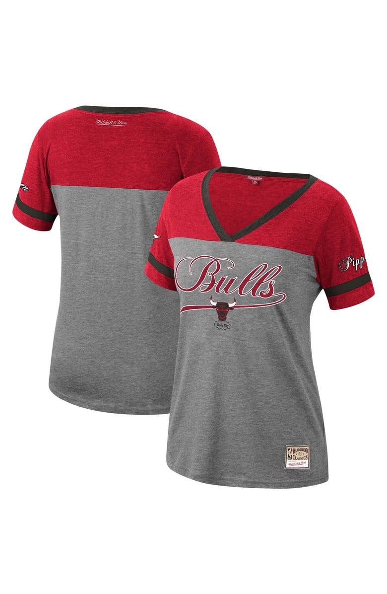 Mitchell & Ness Women's Mitchell & Ness Scottie Pippen Heathered Charcoal Chicago Bulls Team Captain V-Neck T-Shirt, Main, color,