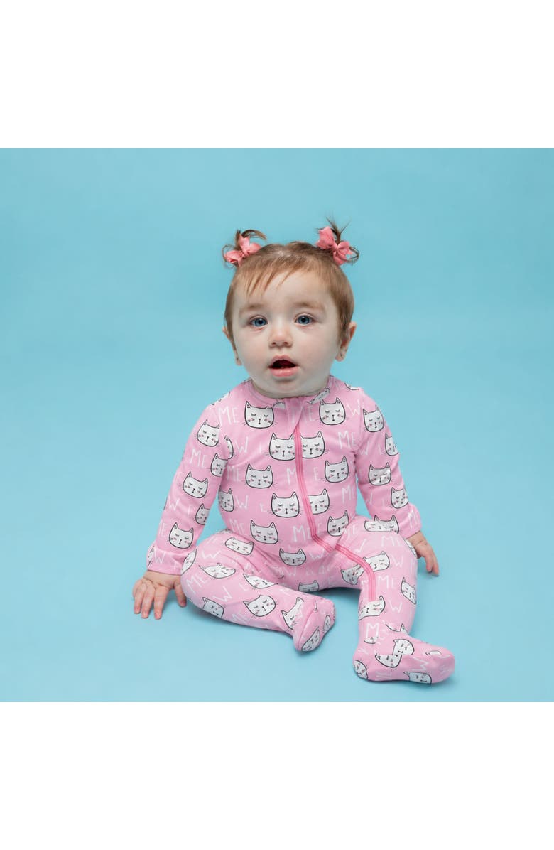 Norani Modal Zip Footie in Pink Cats, Alternate, color, Pink