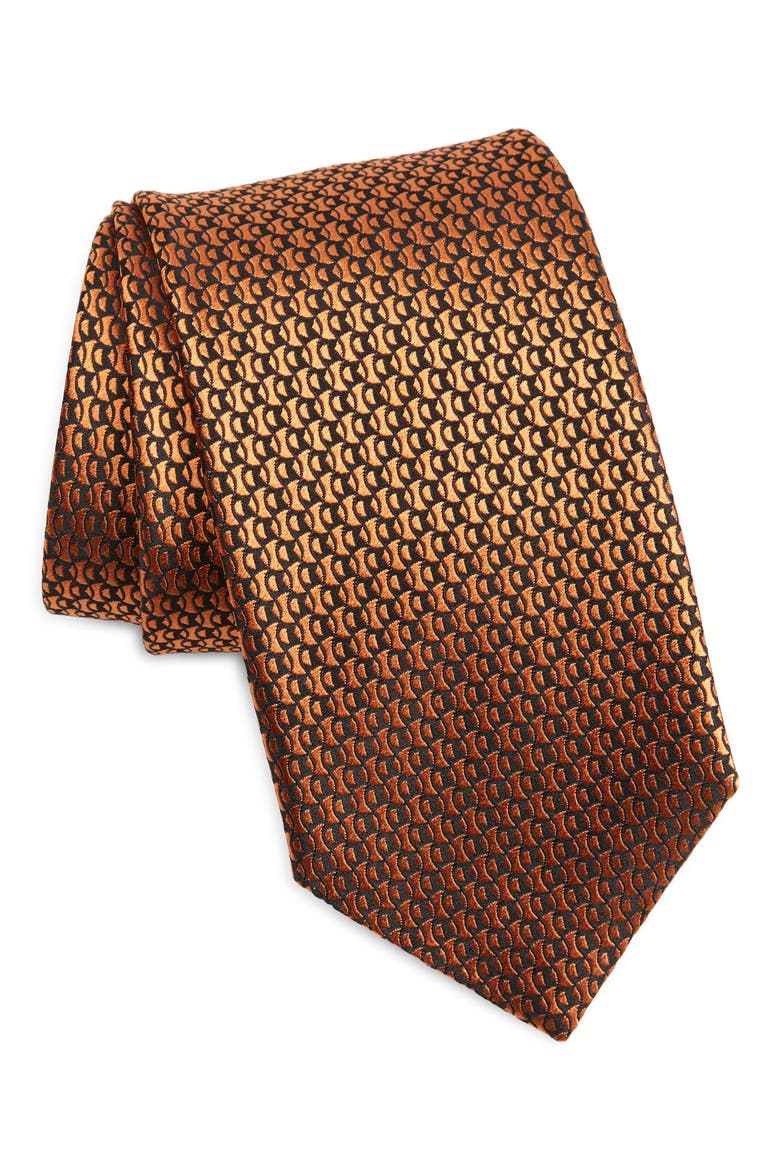 Quadri Fish Silk Tie, Main, color, ORANGE