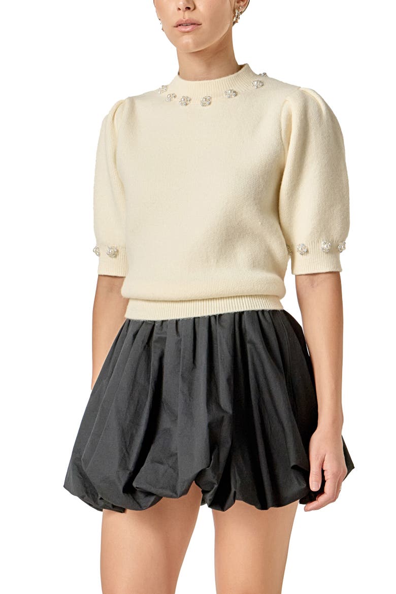 Faux Pearl Embellished Short Sleeve Sweater, Alternate, color, WHITE