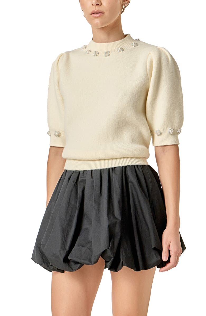 English Factory Faux Pearl Embellished Short Sleeve Sweater, Alternate, color, White