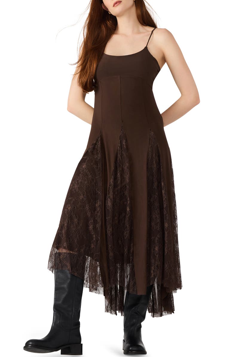 Steve Madden Vita Lace Detail Godet Pleat Dress, Main, color, Chocolate