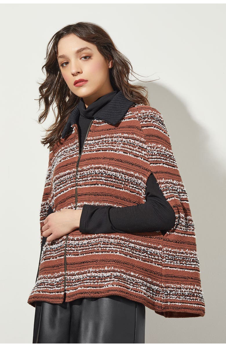 Ming Wang Collared Zip Front Cozy Knit Cape, Alternate, color, Chestnut/Black/Ivory