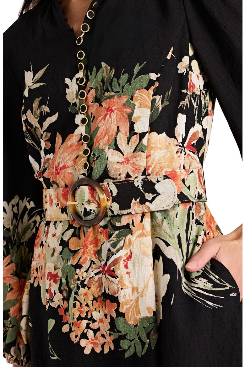 Border Belted Puff Shoulder Dress, Alternate, color, BLACK MULTI