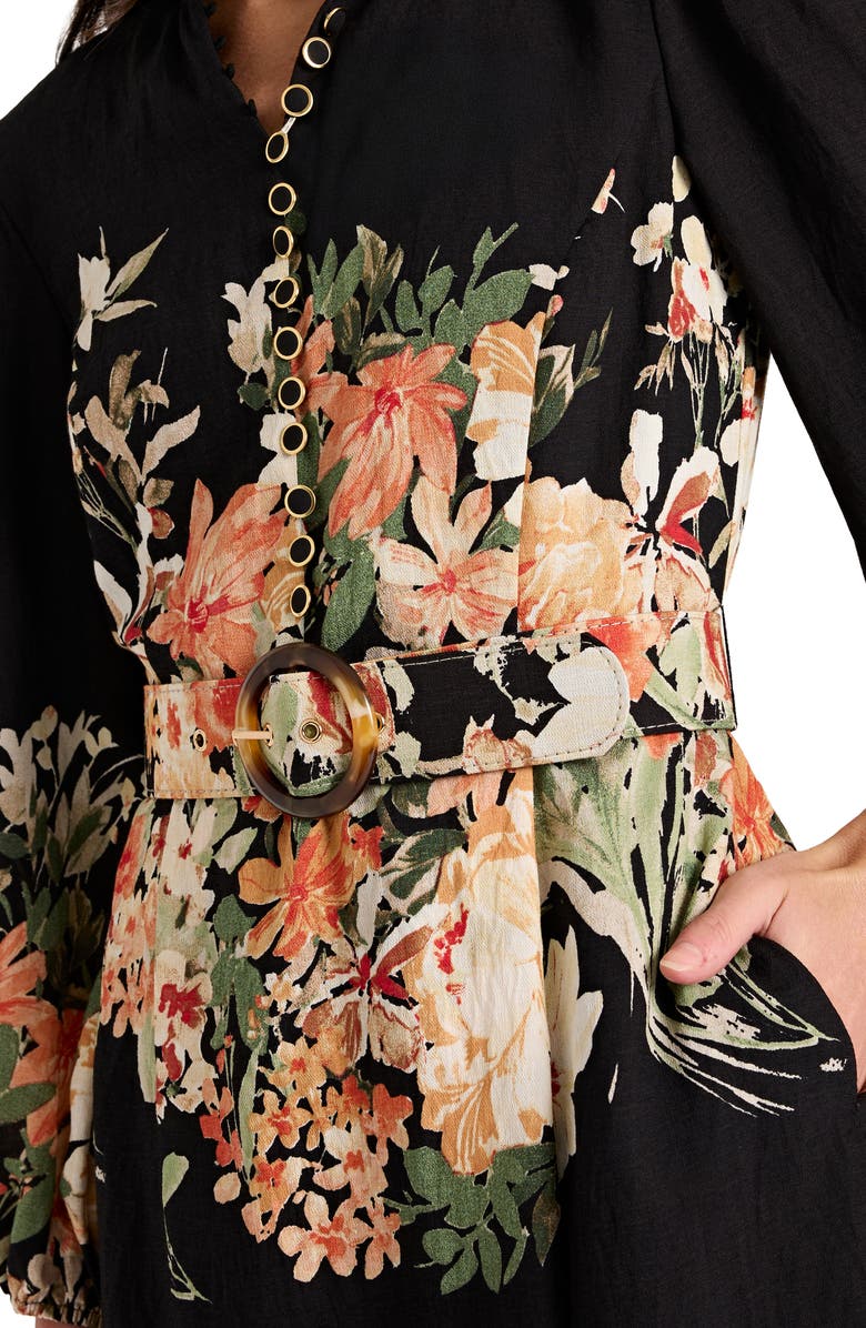 Tahari ASL Border Belted Puff Shoulder Dress, Alternate, color, Black Multi