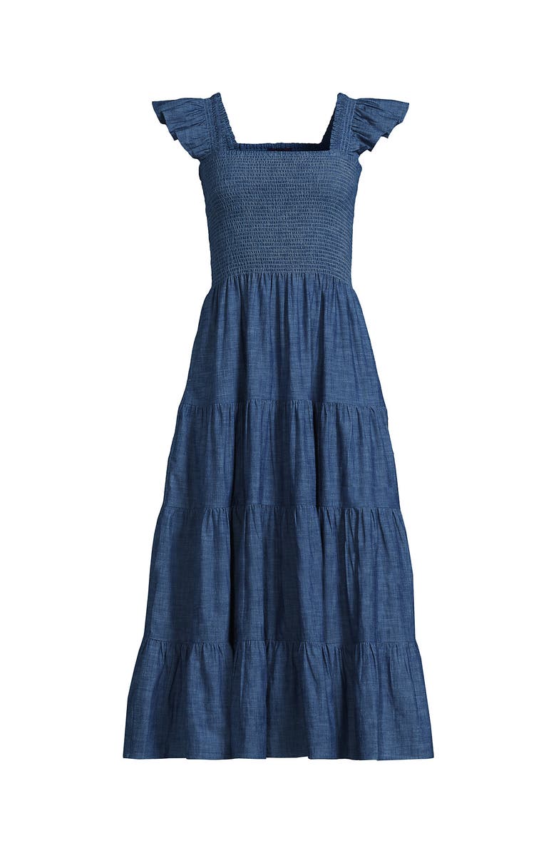 Lands
 End Chambray Smocked Dress with Ruffle Straps, Alternate, color, Medium Indigo Chambray