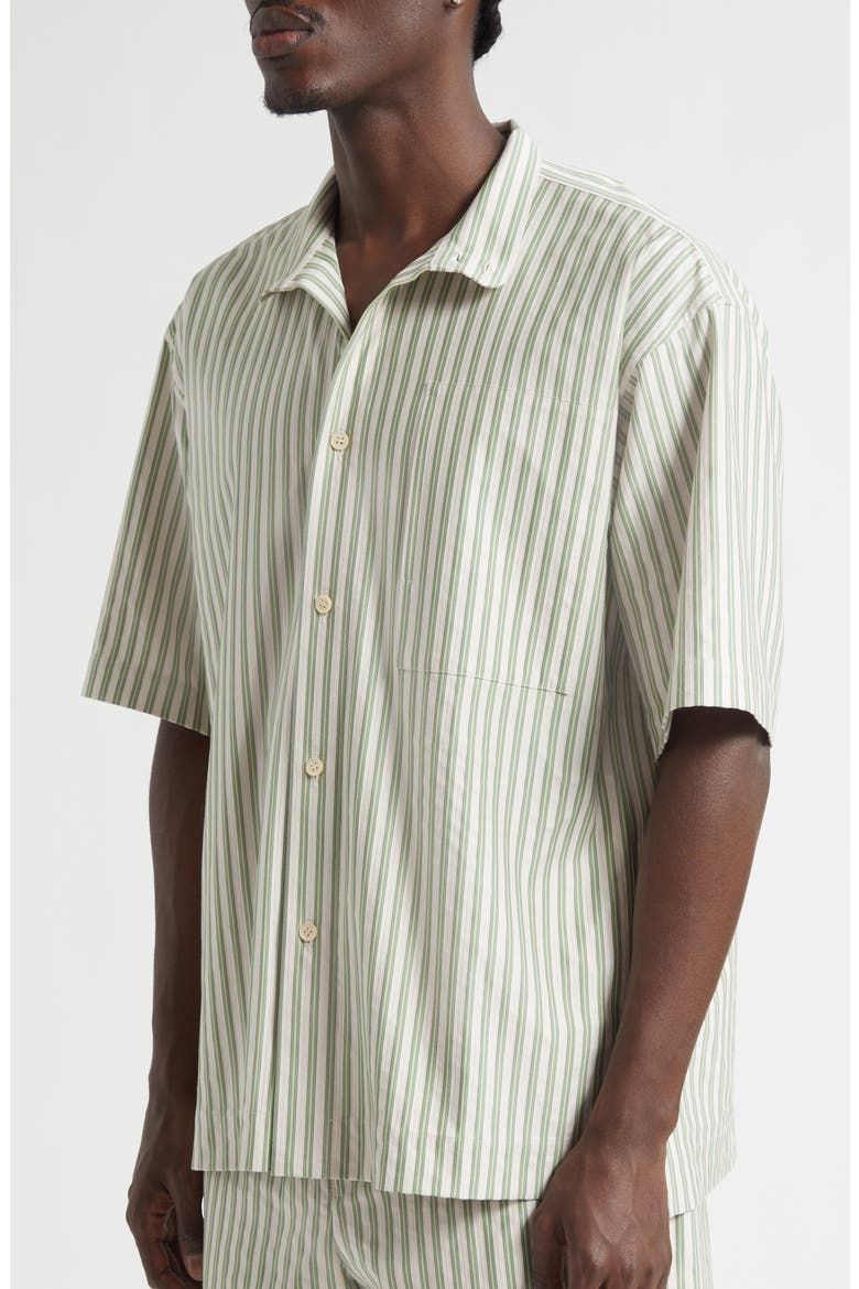 Stripe Short Sleeve Stand Collar Cotton Button-Up Shirt, Alternate, color, GREEN