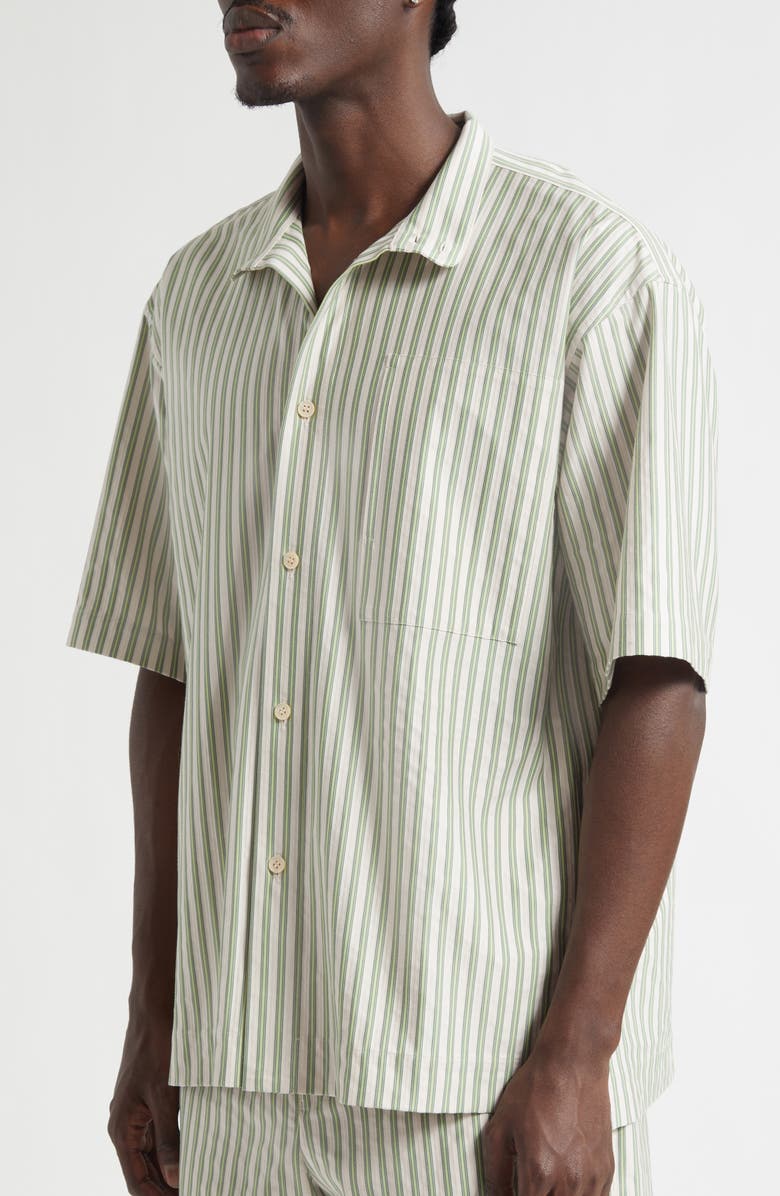 Homme Plissé Issey Miyake Stripe Short Sleeve Stand Collar Cotton Button-Up Shirt, Alternate, color, Green