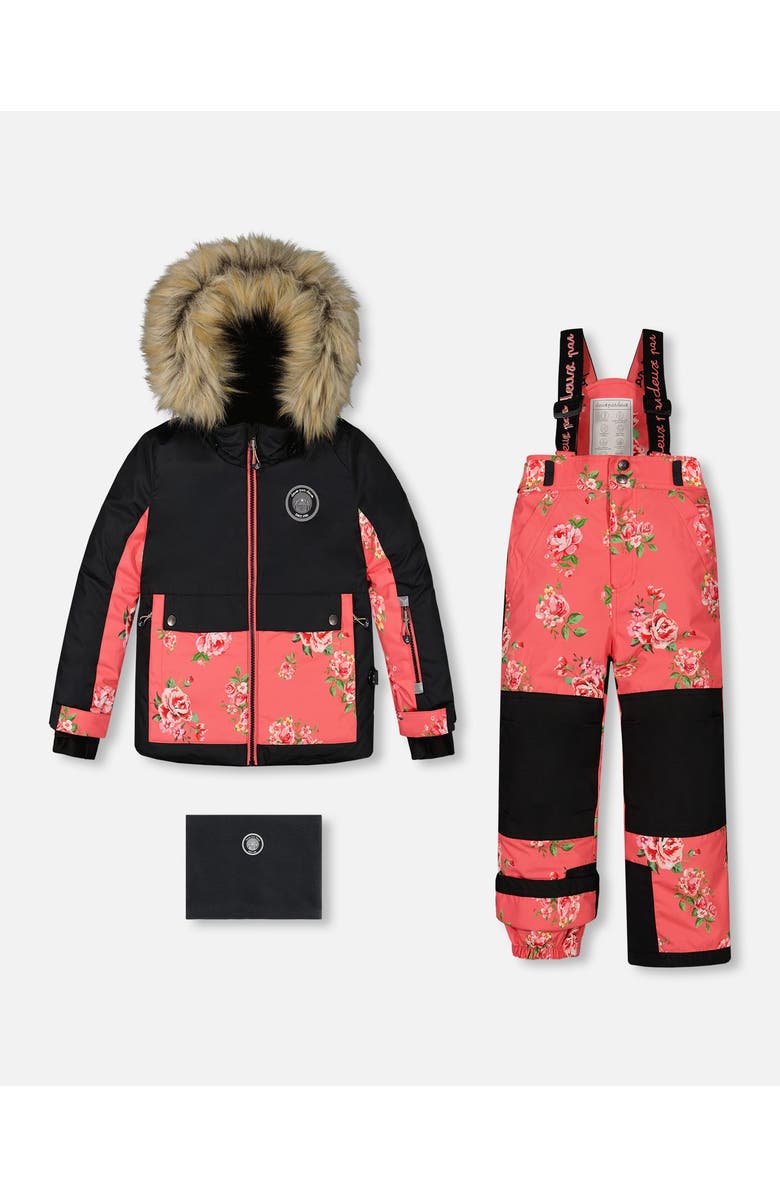 Deux par Deux Girl's Two Piece Snowsuit Black With Print Pant Printed Coral Flowers, Main, color, 