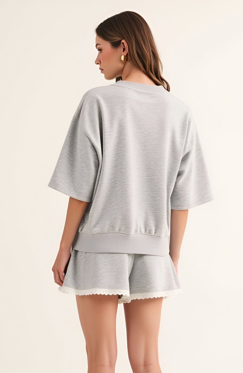 Modenaire Lace Trim French Terry Top and Shorts Lounge Set, Alternate, color,