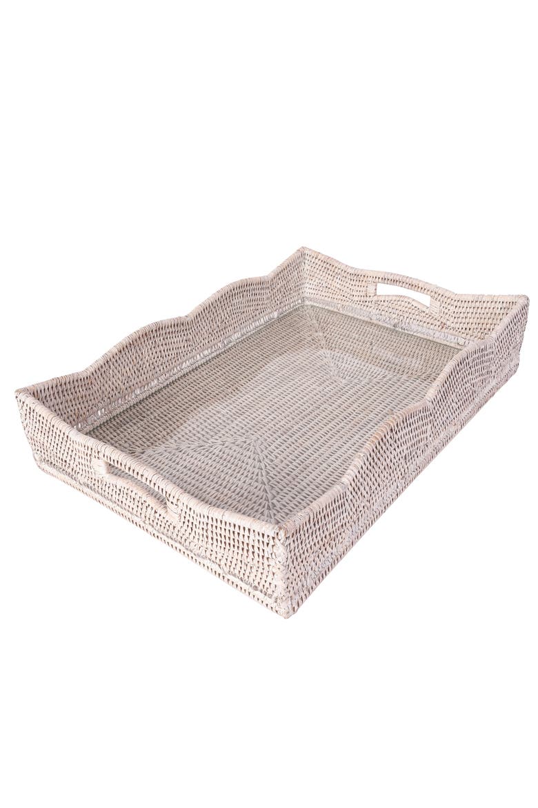 Artifacts Rattan Scallop Rectangular Tray With Glass Insert, Main, color, White Wash