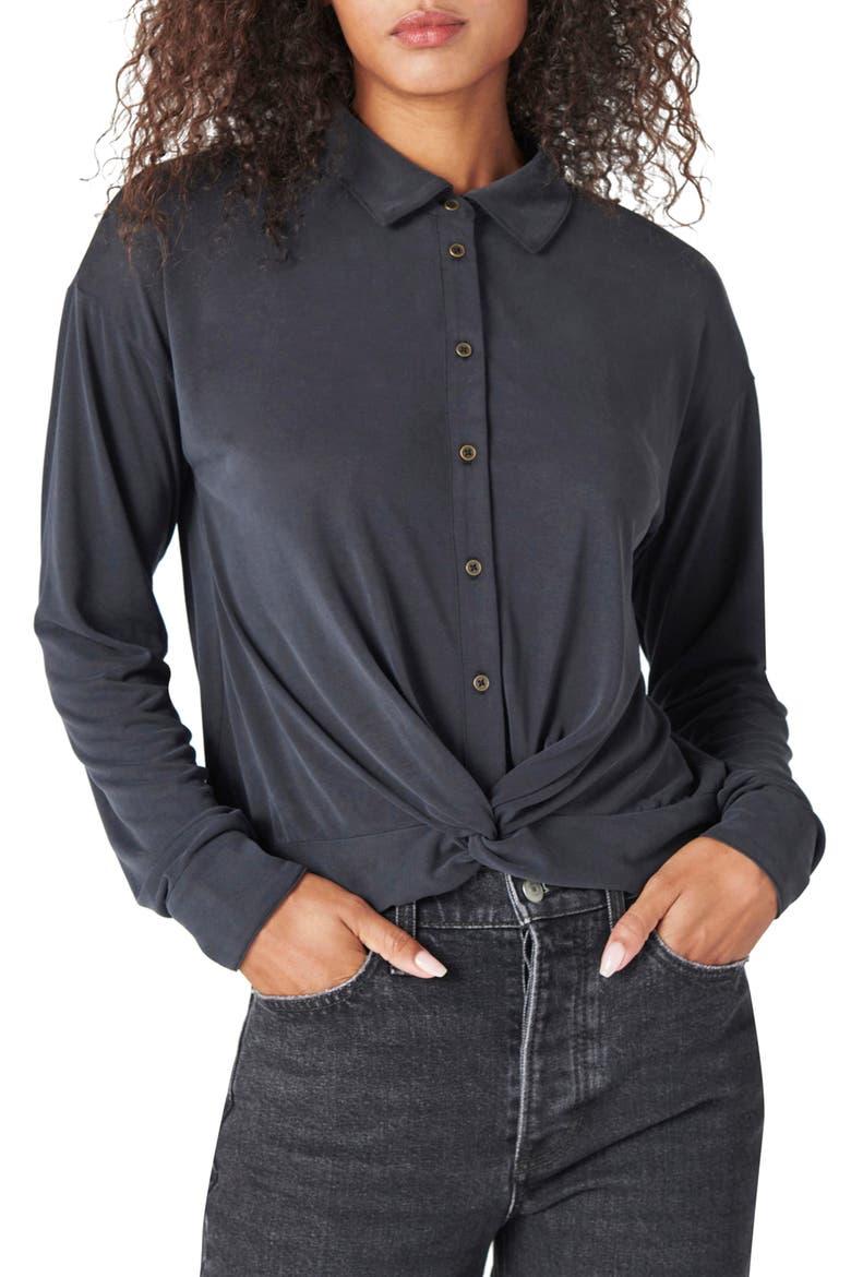 Twist Hem Knit Button-Up Shirt, Main, color, JET BLACK