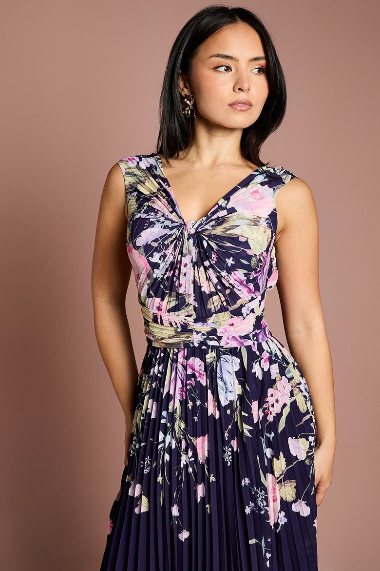 Petite Twist Front Printed Midi Dress, Alternate, color, Navy