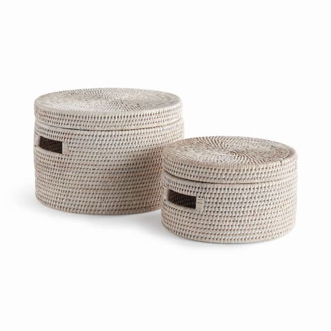 Burma Rattan Round Lidded Boxes Set Of 2