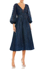 Mac Duggal Embellished Plunge Neck Bishop Sleeve Dress