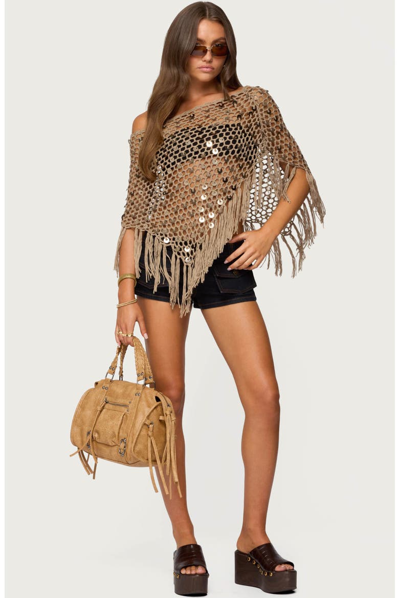 Open Stitch Sequin Fringe Poncho, Alternate, color, TAN