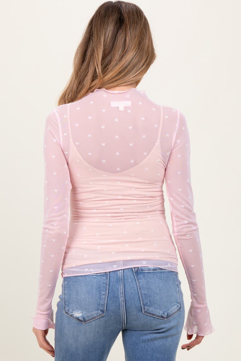 Mesh Heart High Neck Long Sleeve Top, Alternate, color, Light Pink