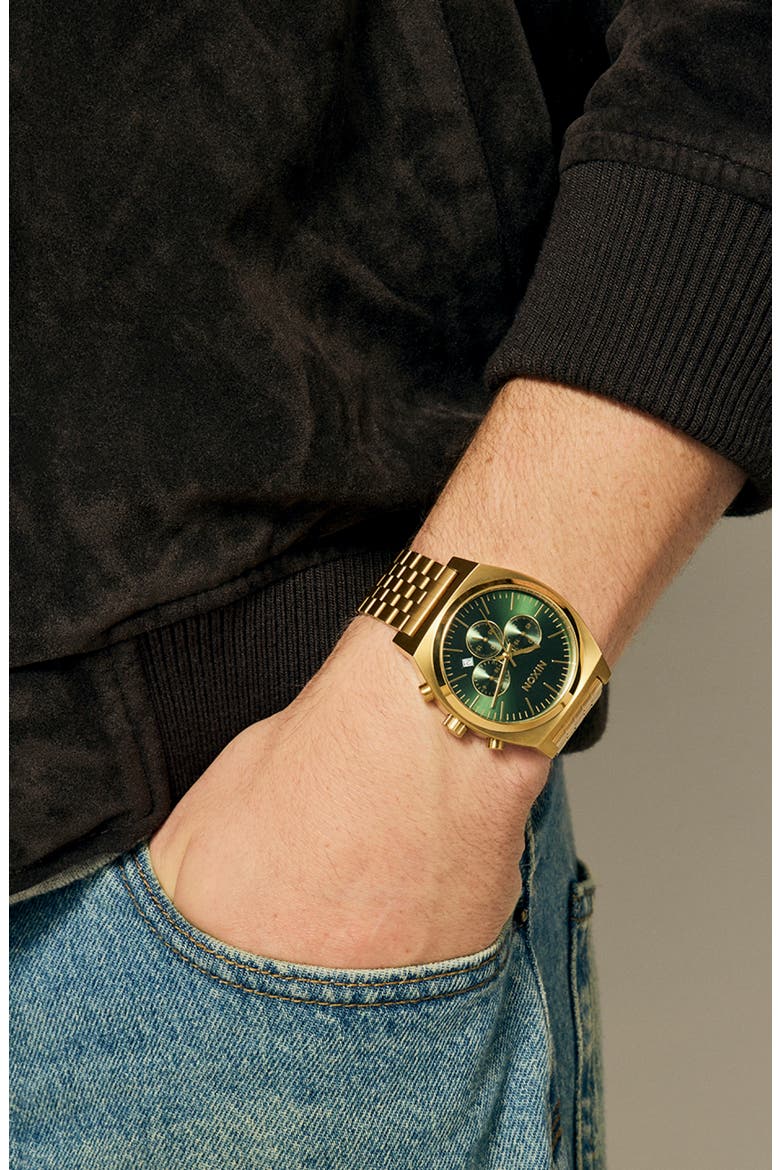 Time Teller Chronograph Bracelet Watch, 40mm, Alternate, color, GOLD / GREEN SUNRAY