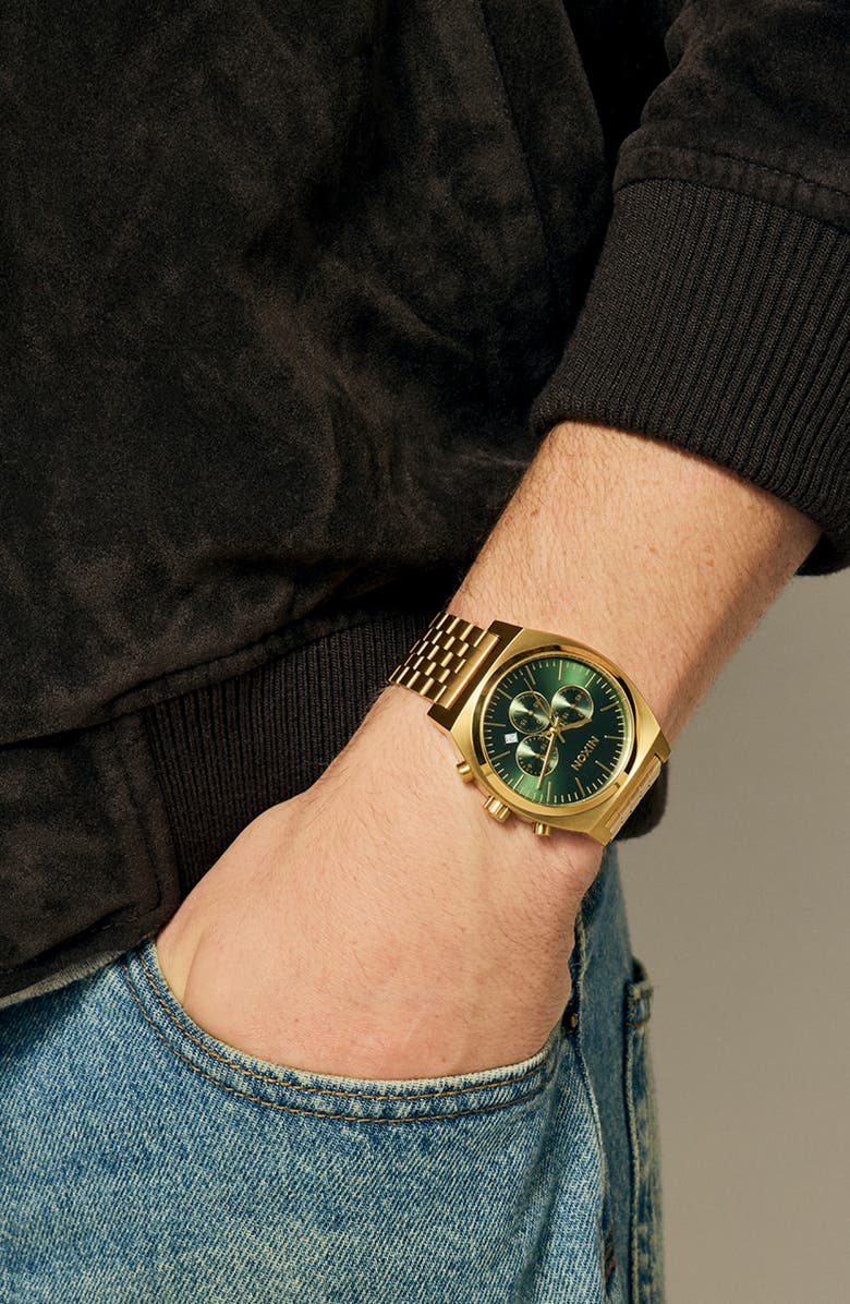 Nixon Time Teller Chronograph Bracelet Watch, 40mm, Alternate, color, Gold / Green Sunray