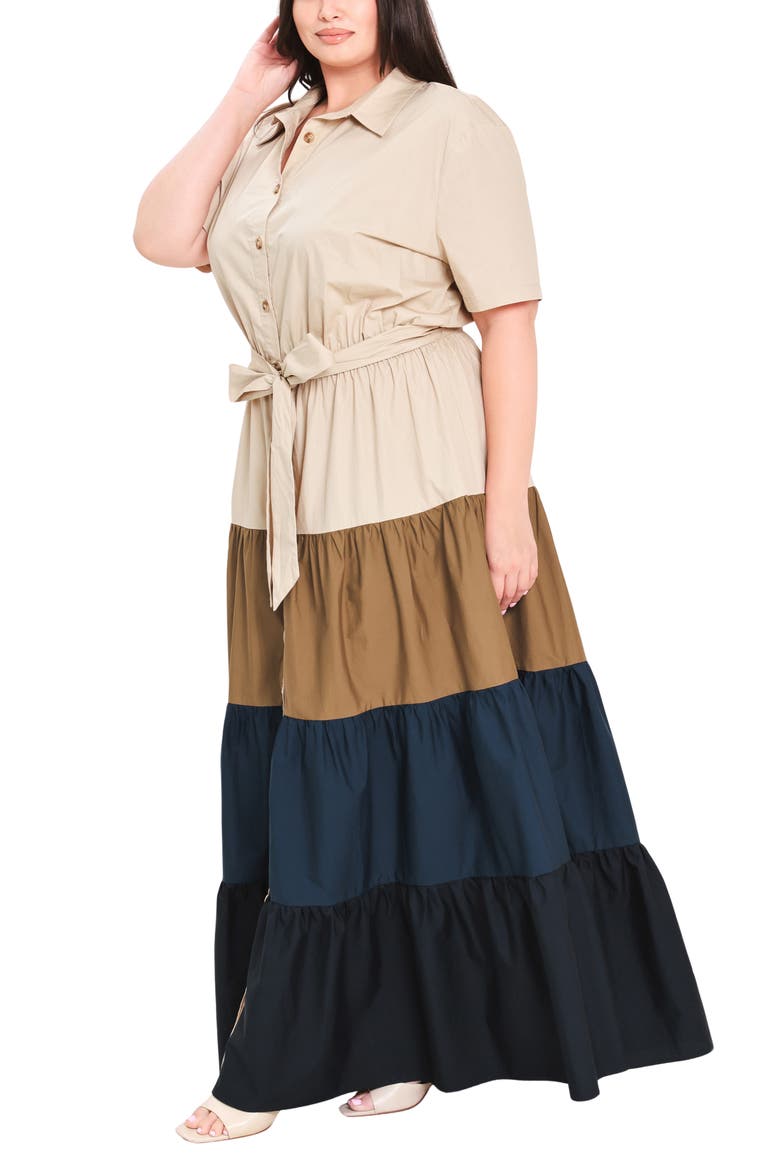 Tiered Button Front Maxi Dress, Alternate, color, NAVY BROWN