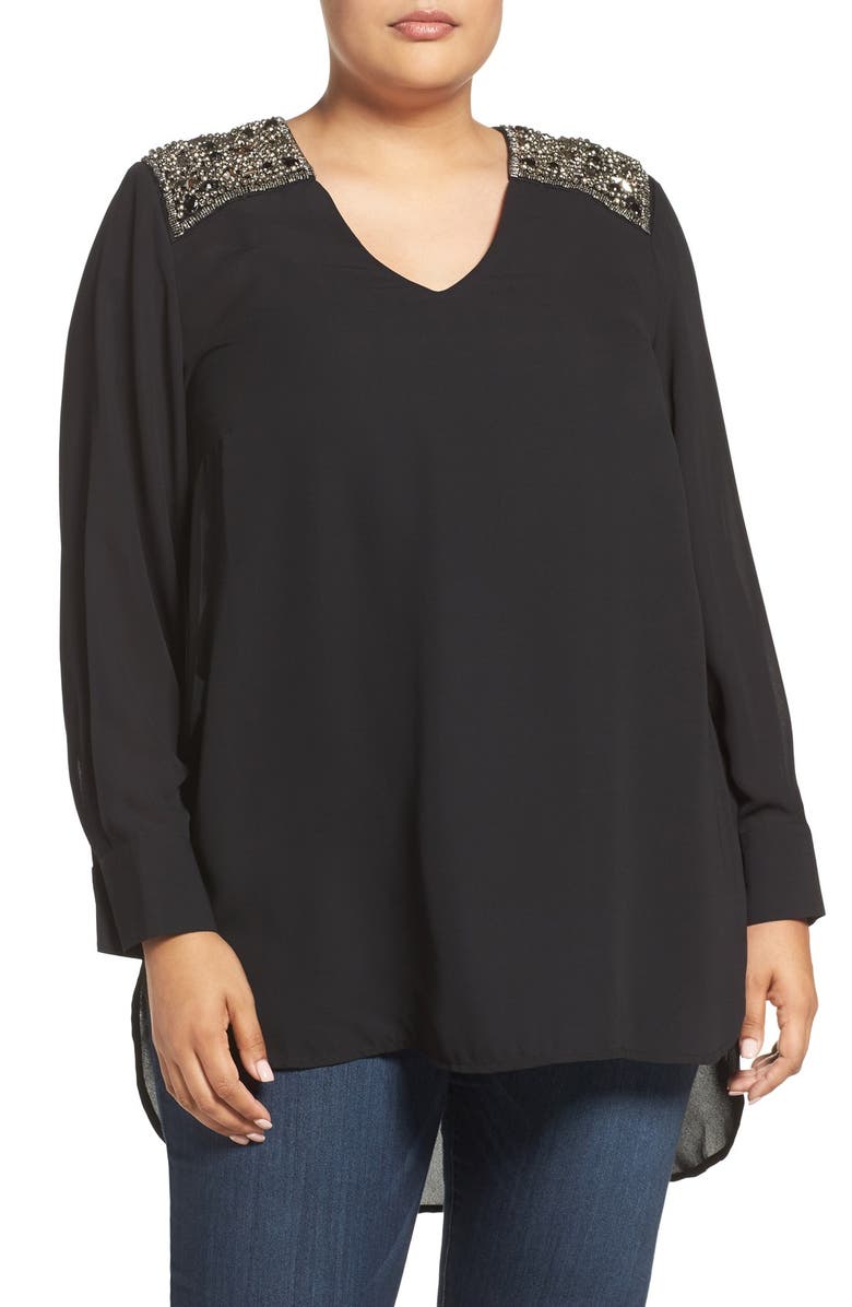 Melissa McCarthy Seven7 Beaded Shoulder High/Low Blouse, Main, color,