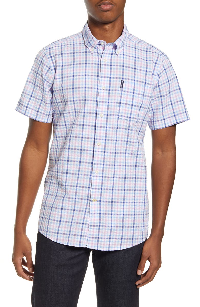 Barbour Tailored Fit Check Short Sleeve Button-Down Seersucker Shirt, Main, color, 