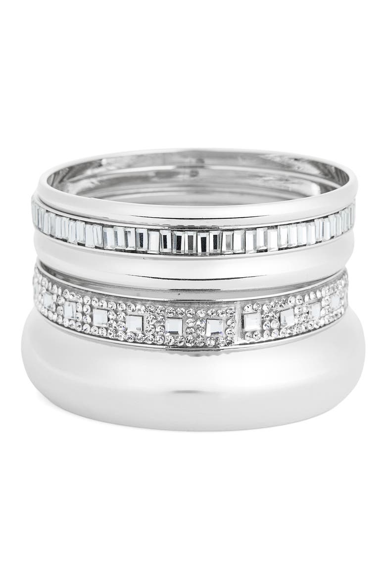 Set of 5 Crystal Bangles, Main, color, CLEAR- SILVER