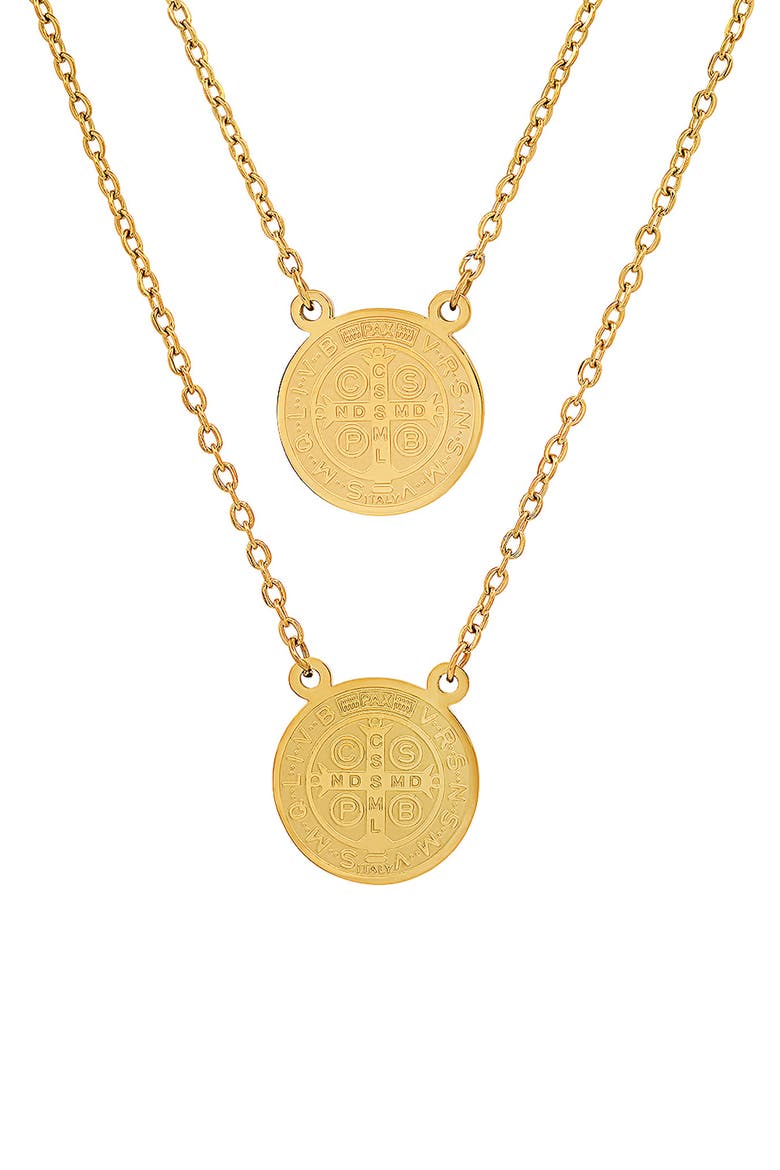 18K Gold Plated Stainless Steel Double Coin Pendant Necklace, Alternate, color, YELLOW