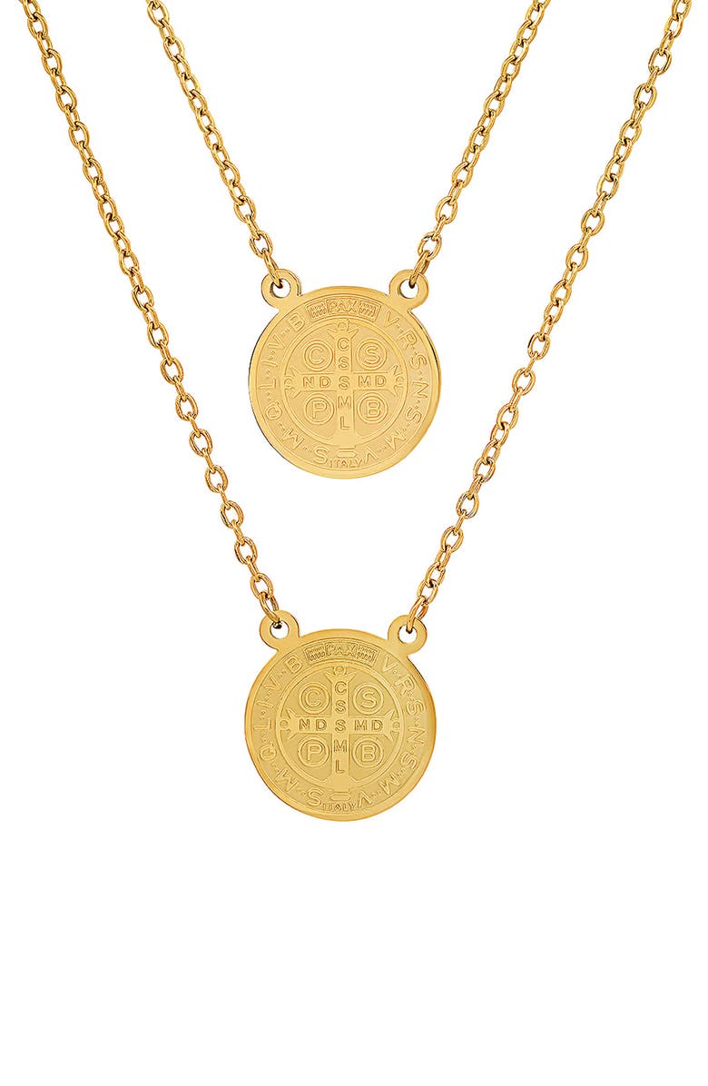 HMY JEWELRY 18K Gold Plated Stainless Steel Double Coin Pendant Necklace, Alternate, color, Yellow