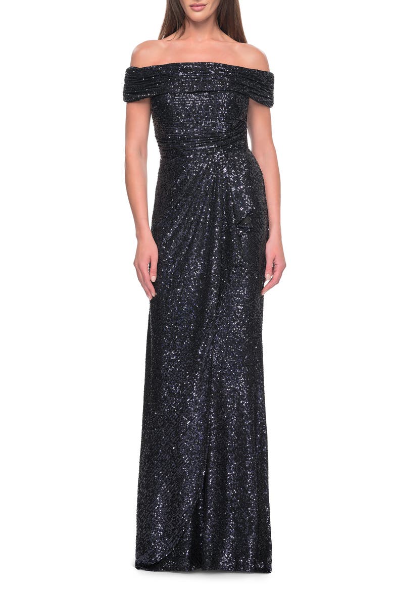 Off the Shoulder Sequin Gown with Ruching, Main, color, Navy