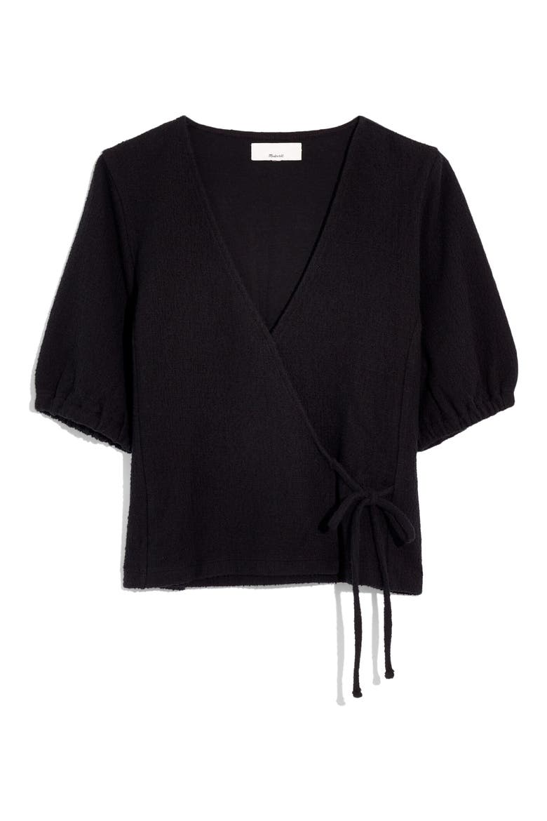 Texture & Thread Puff-Sleeve Wrap Top, Main, color, TRUE BLACK
