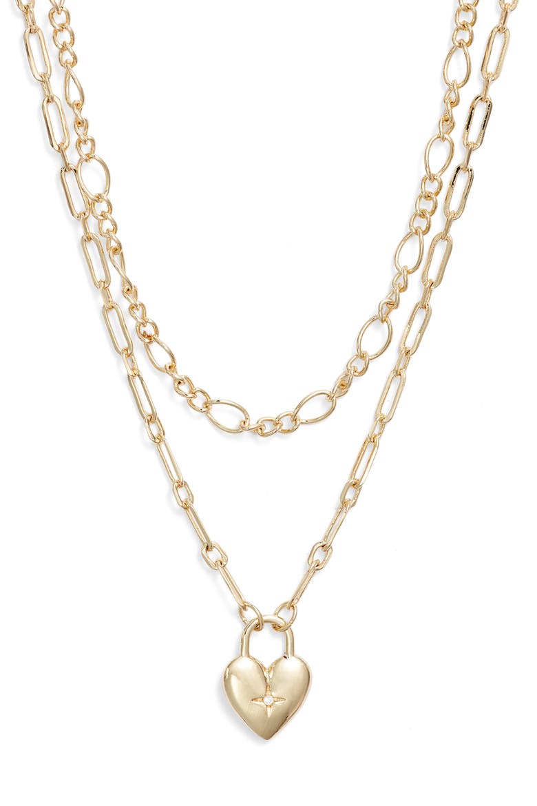 Gift Boxed Pavé Cubic Zirconia Heart Pendant Demi Fine Two-Row Necklace, Alternate, color, GOLD