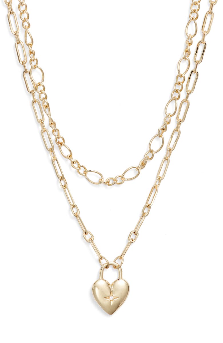 Chelsea28 Pavé Cubic Zirconia Heart Pendant Demi Fine Two-Row Necklace, Alternate, color, Gold