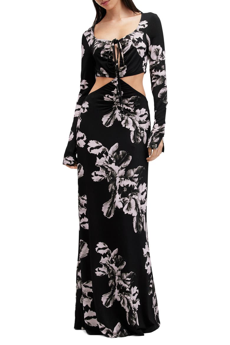 Cynthia Floral Cutout Long Sleeve Maxi Dress, Main, color, MONICA BLACK