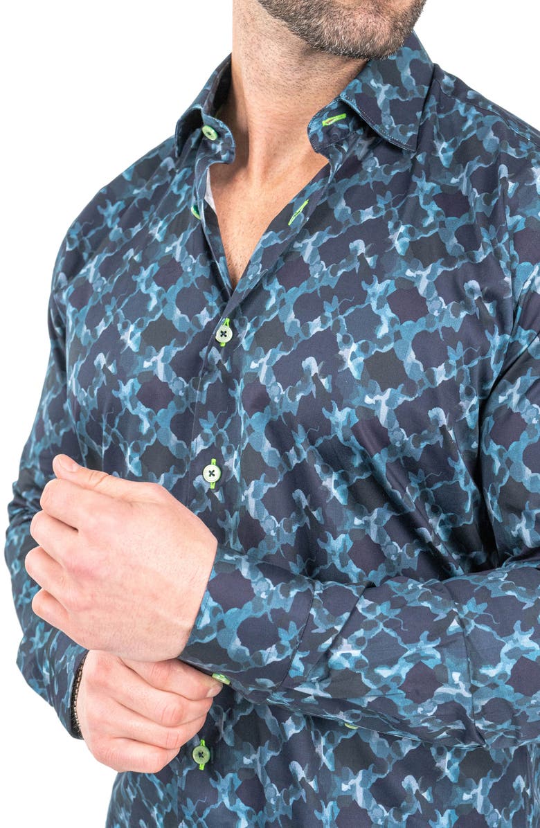 Maceoo Fibonacci Watermarks Navy Contemporary Fit Button-Up Shirt, Alternate, color, Blue