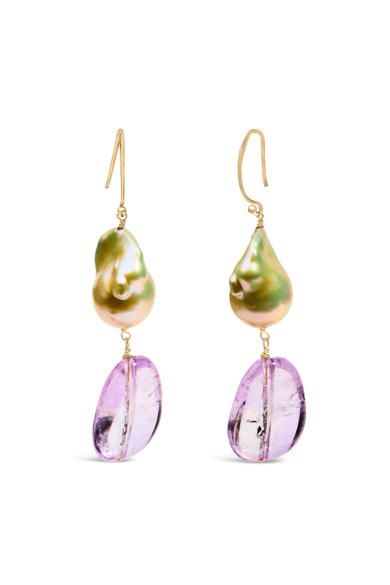 14K Yellow Gold Amethyst and Baroque Pearl Drop and Dangle Earrings, Alternate, color, Yellow
