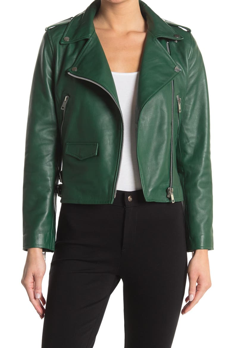 Liz Leather Crop Moto Jacket, Main, color, IVY GREEN