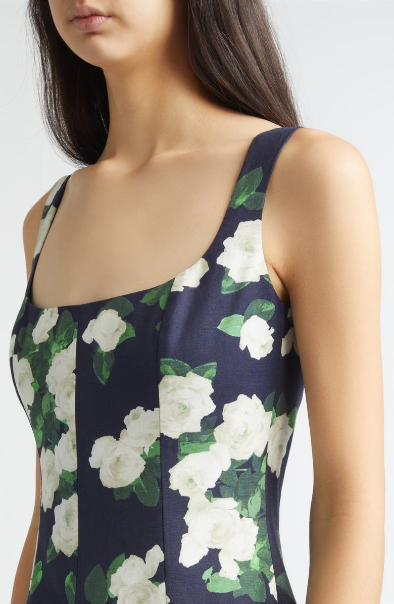 Carolina Herrera Rose Print Square Neck Sleeveless Midi Dress, Alternate, color, Midnight Multi