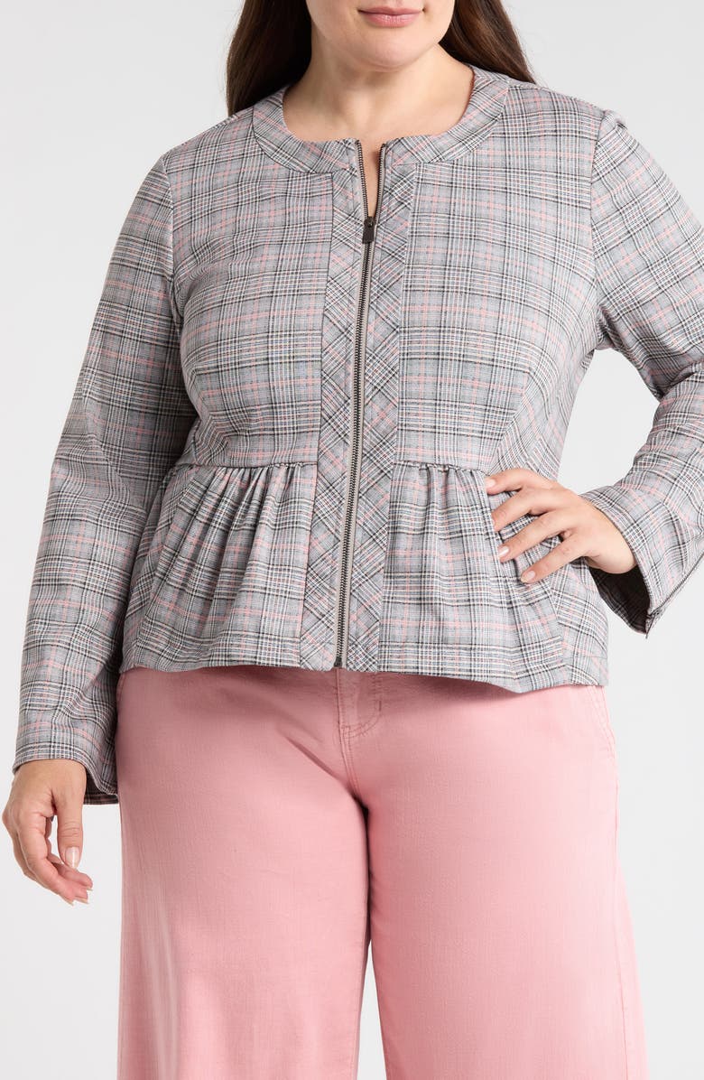 Liverpool Los Angeles Plaid Peplum Zip Jacket, Alternate, color, Gry/ Blush Plaid
