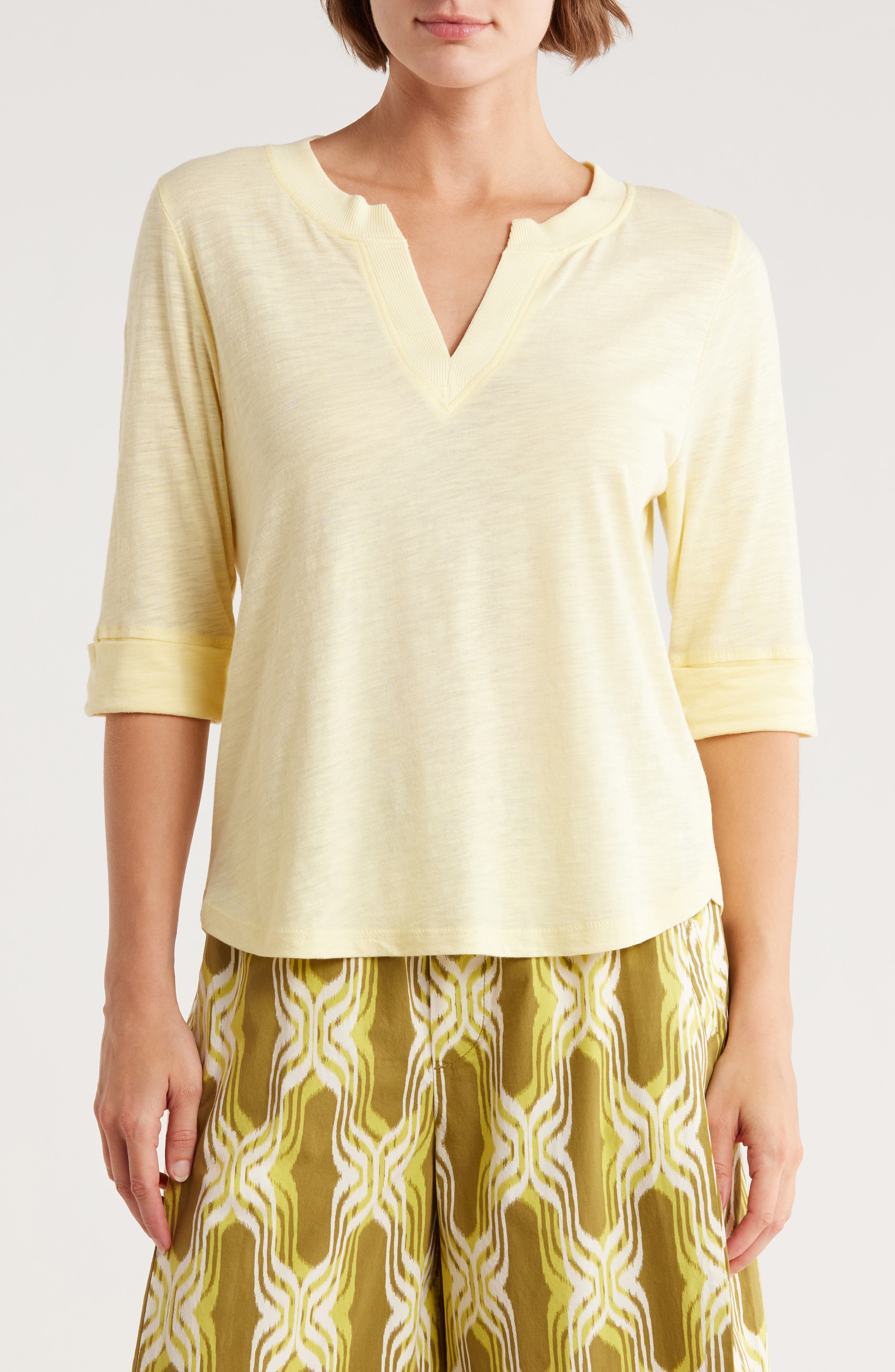 Democracy Split Neck Three-Quarter Sleeve Top