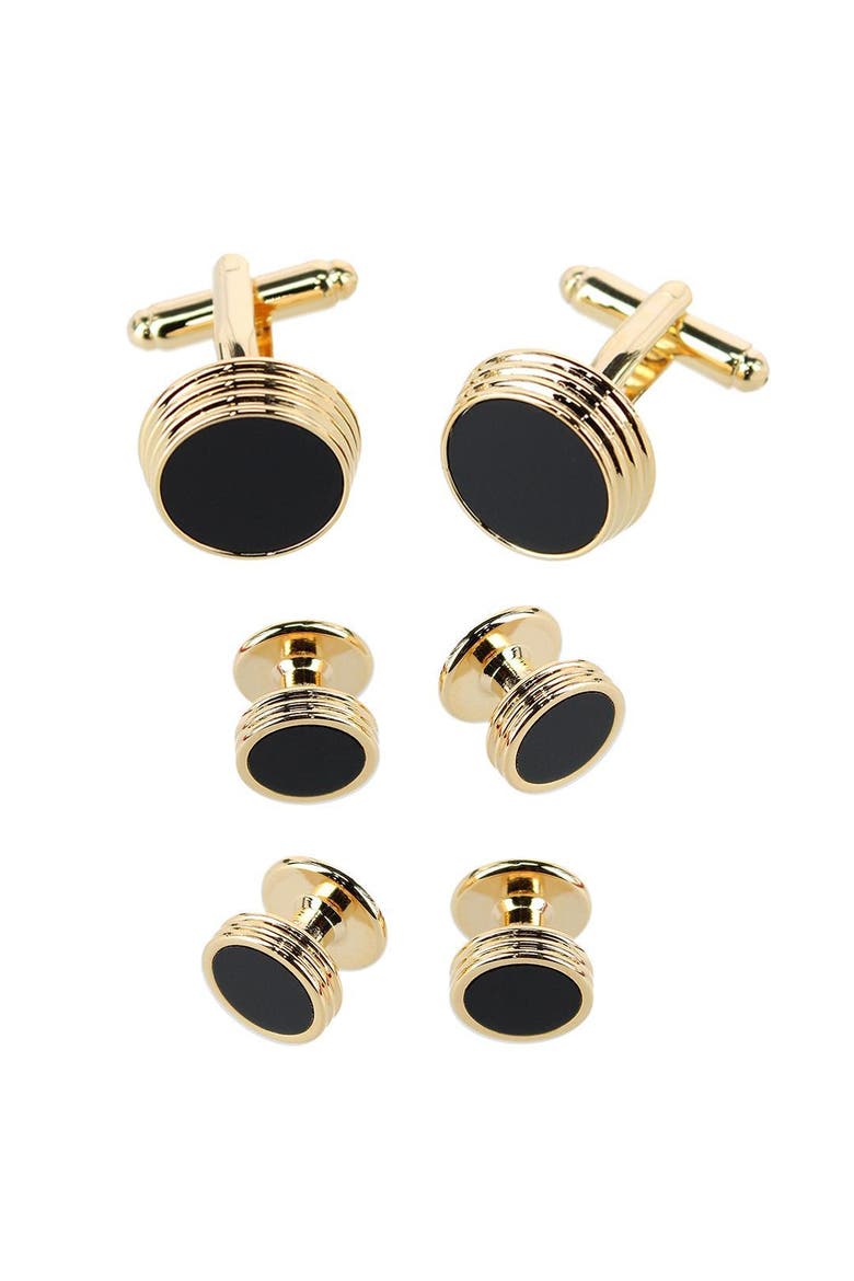 Xaviar Ring Detailed Circular Cufflink Stud Set, Main, color, Gold with Onyx