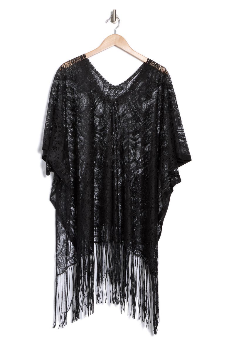 Fringe Hem Lace Poncho, Alternate, color, BLACK