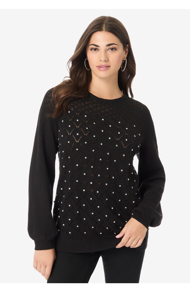 Roaman's Rhinestone Pointelle Knit Sweater, Alternate, color, Black