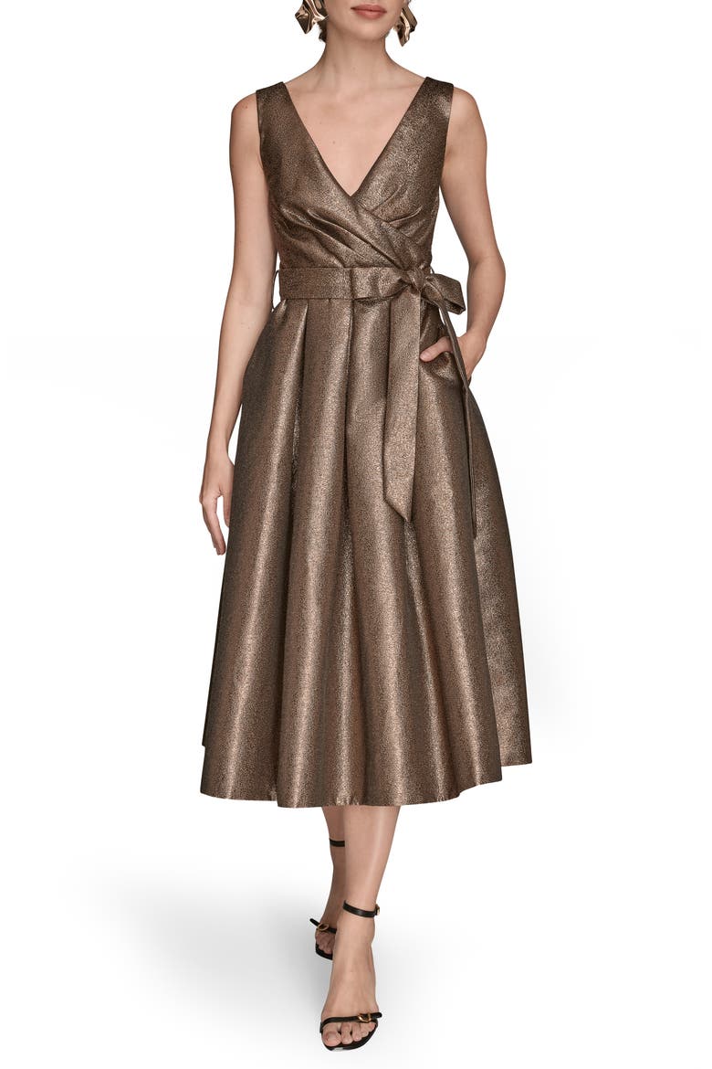 Metallic Jacquard Pleated Faux Wrap Cocktail Dress, Main, color, VICUNA