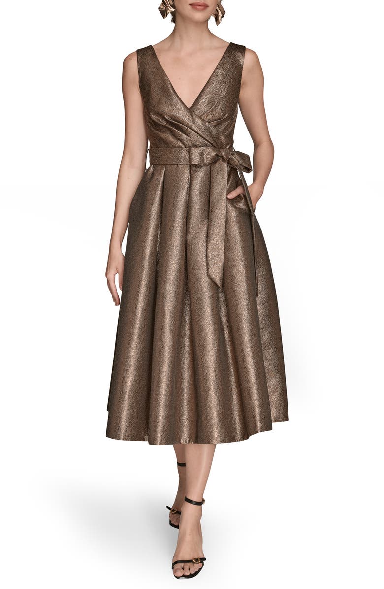 Donna Karan New York Metallic Jacquard Pleated Faux Wrap Cocktail Dress, Main, color, Vicuna