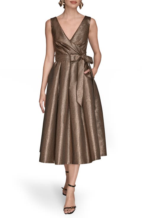 Metallic Jacquard Pleated Faux Wrap Cocktail Dress
