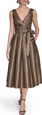 Donna Karan New York Metallic Jacquard Pleated Faux Wrap Cocktail Dress