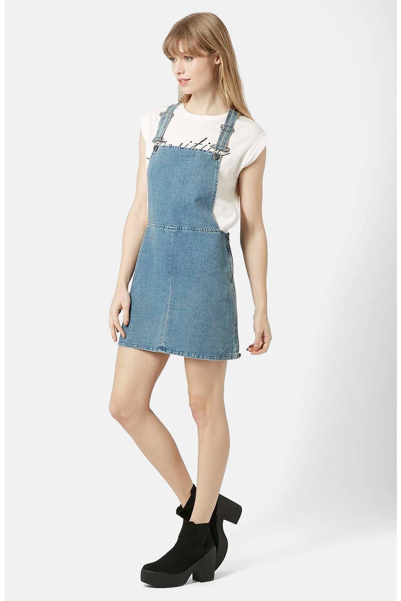 Moto Bleach Denim Pinafore Dress, Alternate, color, MID DENIM